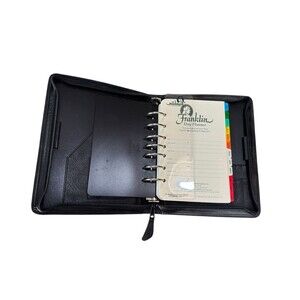 Vintage Franklin Leather Black  7 Ring Day Planner Classic Zip Address Book